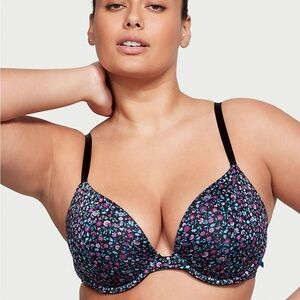 VICTORIAS SECRET BLACK FLORAL DITZY SECRET SEXT TEE PLUNGE PUSH-UP BRA 40D